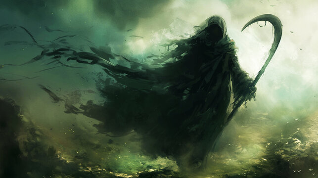 A shrouded figure with a scythe emerges from the thick fog, representing the mystical reaper.