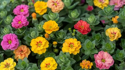 green foliage, red, yellow, pink, and orange flowers, arranged centrally in a flower bed