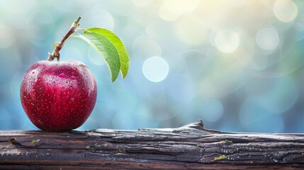  A red apple atop wood, green leaf, water droplets, blurred blue sky backdrop