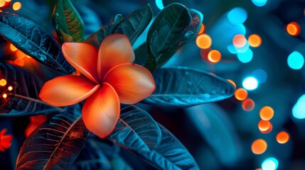  A tight shot of a blooming flower atop its plant, surrounded by numerous lights in the background The foreground showcases a blurred arrangement of leaves and illumination