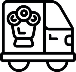 Black and white line art of a delivery van with a flower bouquet symbol on the side