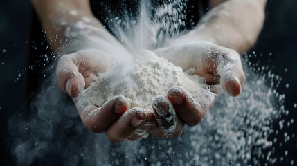 Fototapeta premium male hands holding corn bread with powder in a freeze motion of a cloud of powder midair. Hands kneading raw dough. Culinary, cooking, bakery concept