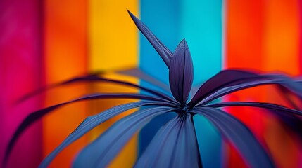  A tight shot of a purple flower against a multicolored backdrop of vertical, striped papers The center holds a blurred floral image