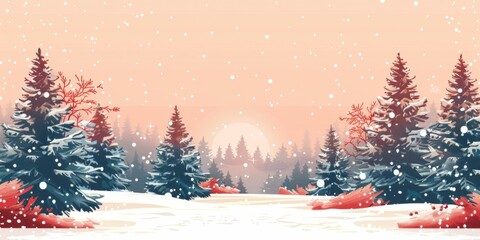 Snowy forest landscape with pine trees at sunset