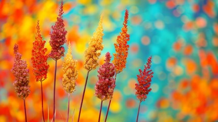  A tight shot of various blooms against a multihued backdrop Blue, yellow, red, orange, and pink flowers form the center cluster