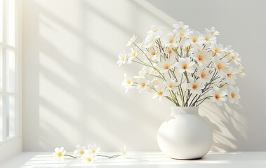 Vase with white daisies on sunlit windowsill casting soft shadows on wall. Minimalistic and bright composition highlighting natural beauty of flowers