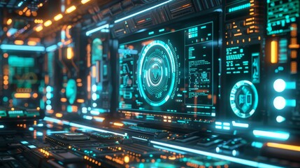 High-tech control panel with detailed schematics