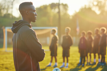 Soccer coach standing on field with team in background during sunset. Focused and attentive preparing for practice