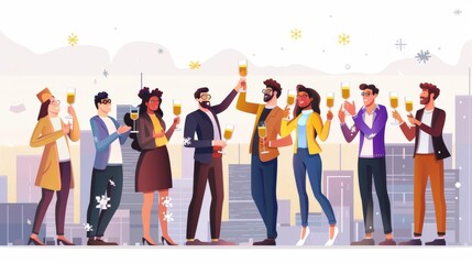 Obraz premium Illustrate a group of friends toasting with champagne glasses under falling snowflakes against a twilight sky Include room for text above the skyline Think warm colors contrasted w