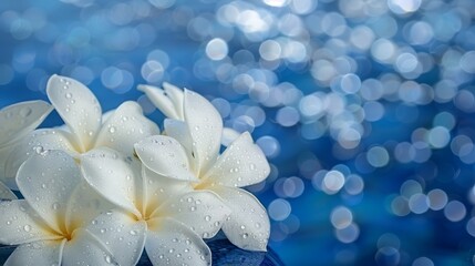  A white flower with dewdrops on its petals, against a blue backdrop Foreground features a soft, blurred assembly of white blooms