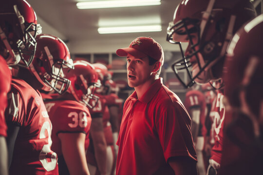 Football coach giving pep talk to team in locker room before game. Intense and motivational atmosphere preparing players for competition
