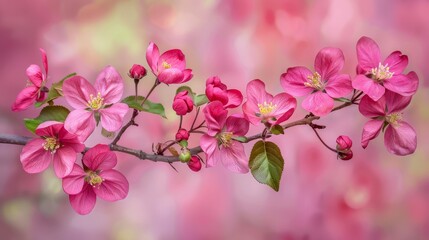  A branch of pink flowers against a pink backdrop, their green leaves contrasting sharply Background blurred with pink hues, leaves and flowers softly out of focus