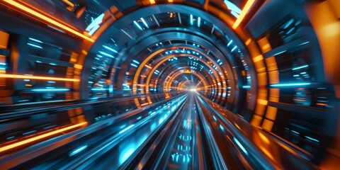 Fototapeta premium 3d render of futuristic tunnel with blue and orange lights 
