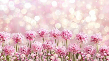  A field filled with pink flowers, a basket of light in the background, and a basket of blooms in the foreground