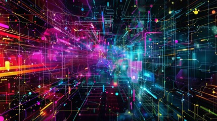 Obraz premium Neon circuits in abstract digital landscape