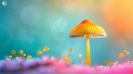  A yellow mushroom sits in a field of purple and yellow flowers against a backdrop of bright blue and pink sky The surrounding area is softly blurred, revealing a hint of blue sky pe - Powered by Adobe