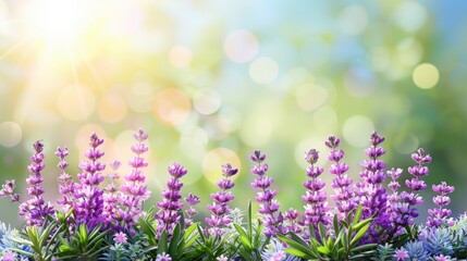  A tight shot of numerous flowers in a field, sunlight filtering through their leaves and petals up front Background softly blurred