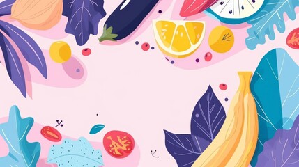 Produce a tilted angle view illustration of a vibrant vegetarian flat-lay with copy space against a clean and captivating background
