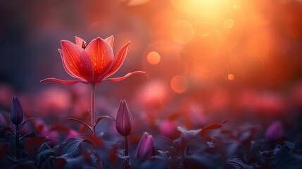  A red flower blooms in a sea of purple ones Sun rays filter through the trees behind, the backdrop...