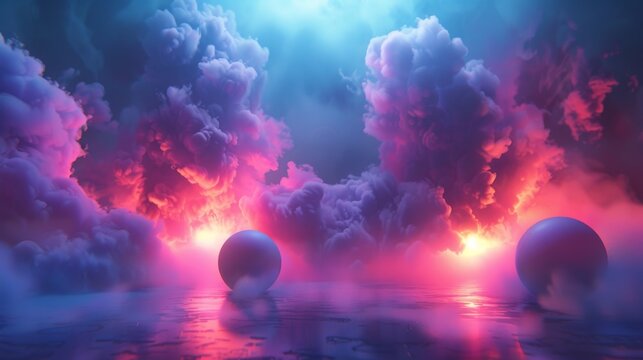 3D Floating abstract shapes in a neon mist