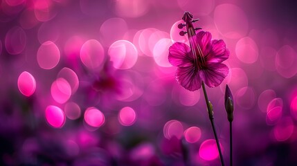  A tight shot of a pink bloom against a backdrop of softly blurred lights Foreground features a hazy flower image Blurred background included