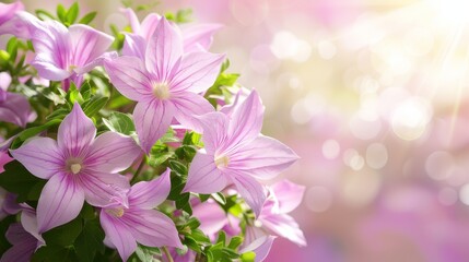  A vase holding pink flowers sits atop a green, leafy plant Behind is a backdrop of soft pink and white hues