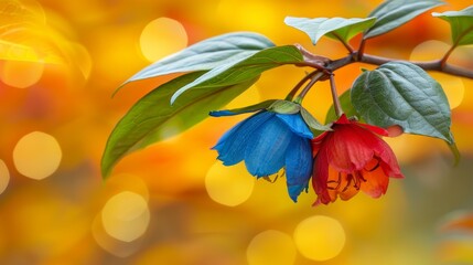  A flower on a tree branch, closely framed, with out-of-focus lights in the background and a blurred tree branch in the foreground