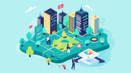 Design a flat illustration of a bustling financial district seen from above