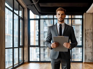 Fototapeta premium Happy middle aged business man ceo wearing suit standing in office using digital tablet. Smiling mature businessman professional executive manager looking away thinking working on tech device.