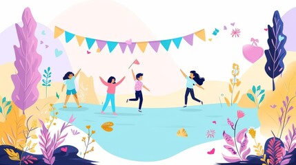 Obraz premium Design a whimsical scene featuring children gleefully waving flags in a panoramic setting against a soft, pastel backdrop, perfect for including text