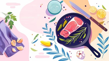 Illustrate a top-down perspective of a vintage cast iron skillet sizzling with fresh herbs, a golden seared steak, and vibrant bell peppers on a worn, wooden kitchen table Utilize