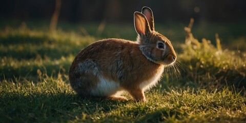 Fototapeta premium Curious Brown and White Rabbit Sitting in Grass at Sunset.