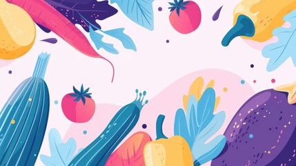 Illustrate a bountiful assortment of fresh vegetables from a unique tilted perspective, set against a soft, solid pastel backdrop with room for text