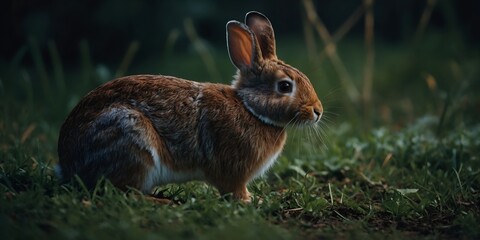 Fototapeta premium Curious Brown and White Rabbit Sitting in Grass at Sunset.