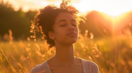 "Mixed-Race Woman Relaxing Outdoors at Sunset in Open Field"