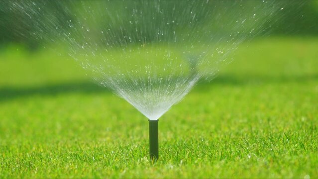 Automatic watering nozzle rises from the ground and waters the lawn