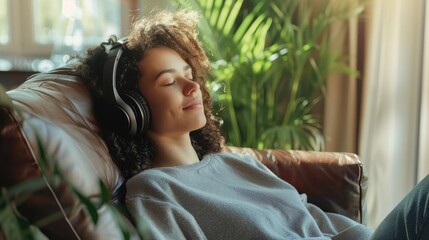 Serene Young Woman Relaxing on Sofa with Modern Wireless Headphones, Listening to Music