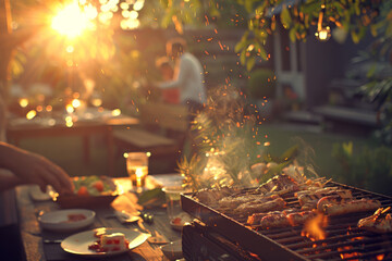 key visual of an outdoor barbecue grill with flames and food on the table, blurred background showing people having fun at a garden party in golden hour light, with a depth of field effect.