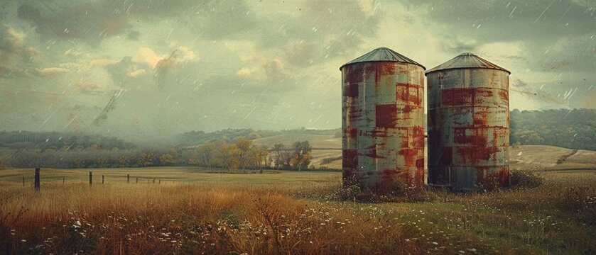 Vintage style farm scene with steel silos, muted colors, and an aged texture, evoking a sense of nostalgia and history, Vintage, Photography 8K , high-resolution, ultra HD,up32K HD