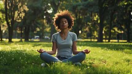 "Mixed-race Woman Meditating in Park with Nature Background" - Powered by Adobe