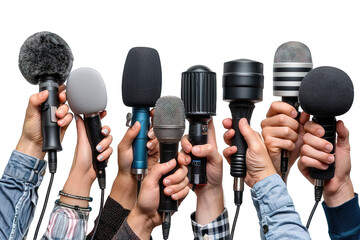 journalist's hand interviewing isolated on transparent background ,many journalists hold mic ,generative ai