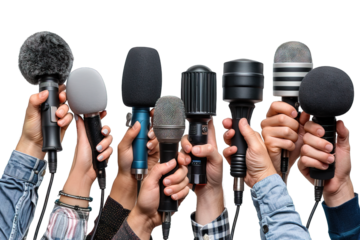 journalist's hand interviewing isolated on transparent background ,many journalists hold mic ,generative ai