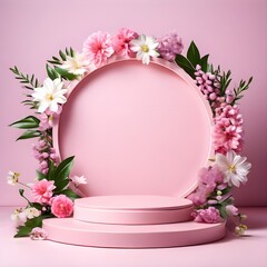 Empty Round Platform Podium for Cosmetic Product Advertisement Surrounded by Spring Flowers, Trendy 3d render is suitable for social media banners, promotional Content, and cosmetic product display.