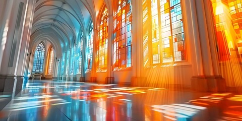 Illumination of a Catholic Church by Stained Glass Windows. Concept Religious Architecture, Stained Glass Art, Church Decor, Natural Light, Spiritual Atmosphere