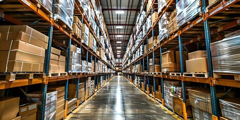 Efficiently arranged warehouse shelves overflowing with diverse boxes in an industrial setting. Concept Industrial Warehouse, Efficient Organization, Diverse Boxes, Overflowing Shelves