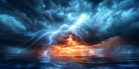 Powerful Themes: Dramatic Lightning Bolt in Dark Sky. Concept Dark Sky, Dramatic Lightning Bolt, Stormy Weather, Powerful Nature, High Contrast Lighting
