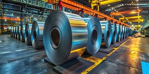 Steel rolls gleam in precision at industrial warehouse Immaculate and professional setting. Concept Industrial Machinery, Warehouse Operations, Steel Production, Manufacturing Processes