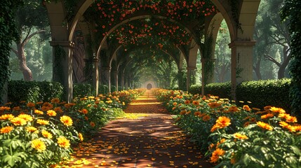 Fototapeta premium Captivating 3D render of an aesthetic landscape, featuring lush greenery and beautiful flowers in a harmonious setting