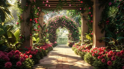 Captivating 3D render of an aesthetic landscape, featuring lush greenery and beautiful flowers in a harmonious setting