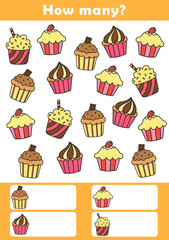 Counting children game cartoon. I spy game for toddlers. Find and count the cupcakes worksheet. Counting educational activity for children and kids.	